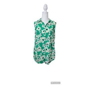 Merona Shirt Top Blouse Women's Medium Button Down Floral Tank Green and Cream
